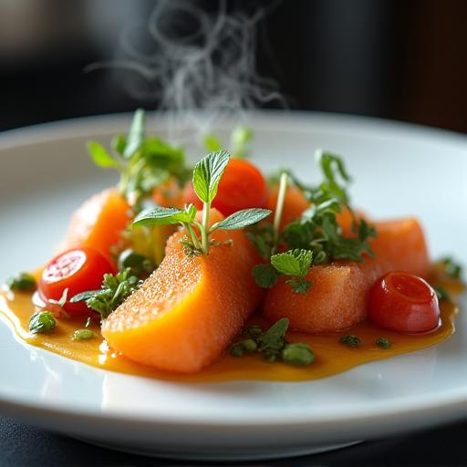 Detailní záběr na gourmet talíř připravený šéfkuchařem